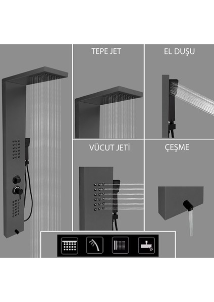 Victoria Metalik Füme Premium Masajlı Duş Paneli - Dikey Jakuzi - Robot Duş - El Duşu - Lüx Duş modelleri