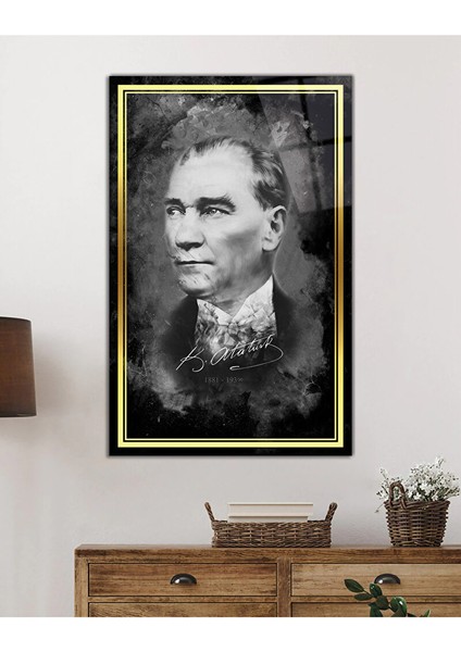 Gold Şerit Atatürk Portresi Siyah Beyaz Cam Tablo, Uv Baskılı ve Temperli, Hediyelik 46X71 cm