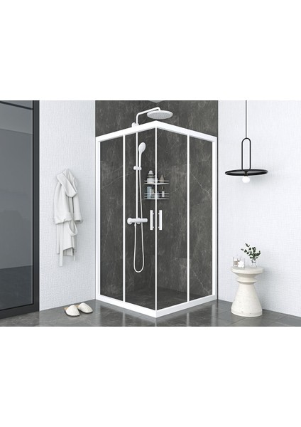 Iskit Duşakabin 90 x 90 Şeffaf Cam Kareköşe Girişli Kabin Beyaz Profil 6mm 90X90 cm