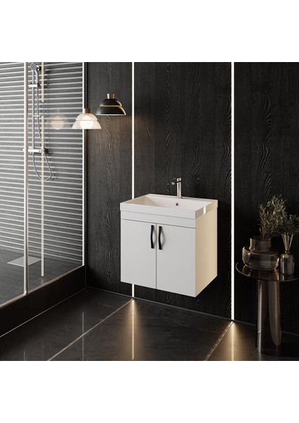 Ege 60 Cm, Lavabolu Alt Banyo Dolabı, Kapaklı Banyo Alt Dolabı, Seramik Lavabo Dahil