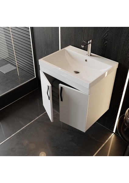 Ege 60 Cm, Lavabolu Alt Banyo Dolabı, Kapaklı Banyo Alt Dolabı, Seramik Lavabo Dahil