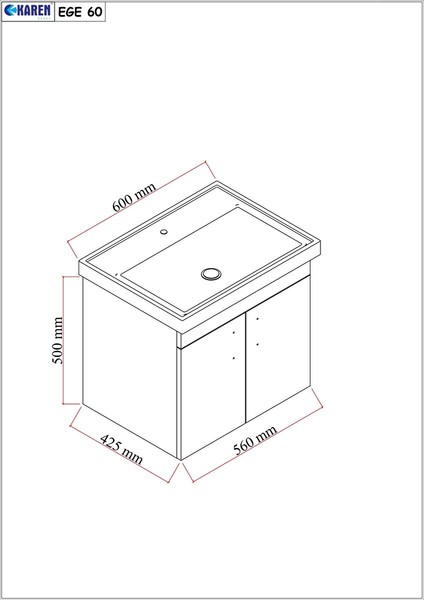 Ege 60 Cm, Lavabolu Alt Banyo Dolabı, Kapaklı Banyo Alt Dolabı, Seramik Lavabo Dahil