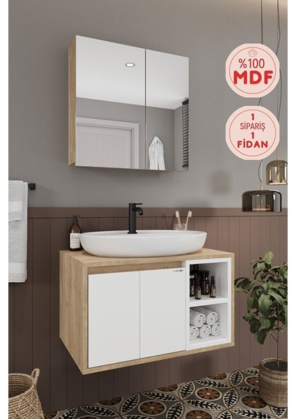 Lale Beyaz 80 cm %100 Mdf Lavabolu Banyo Dolabı + Aynalı Dolap