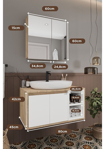 Lale Beyaz 80 cm %100 Mdf Lavabolu Banyo Dolabı + Aynalı Dolap fiyatları