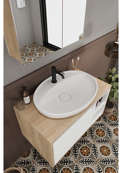 Lale Beyaz 80 cm %100 Mdf Lavabolu Banyo Dolabı + Aynalı Dolap modelleri
