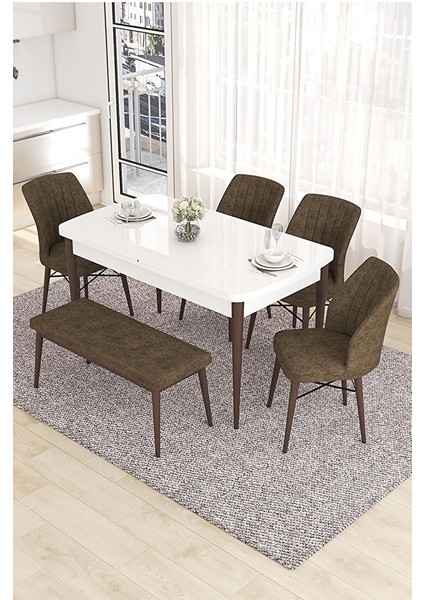 Eva Serisi, 80X132 Açılabilir Mdf Beyaz Masa Ceviz Ayak Mutfak Masası ve 4 Sandalye 1 Bench Kahverengi