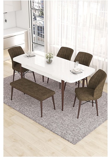 Eva Serisi, 80X132 Açılabilir Mdf Beyaz Masa Ceviz Ayak Mutfak Masası ve 4 Sandalye 1 Bench Kahverengi fiyatları