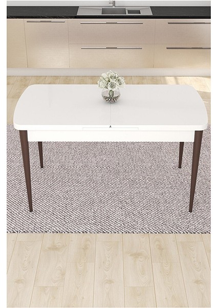 Eva Serisi, 80X132 Açılabilir Mdf Beyaz Masa Ceviz Ayak Mutfak Masası ve 4 Sandalye 1 Bench Kahverengi modelleri