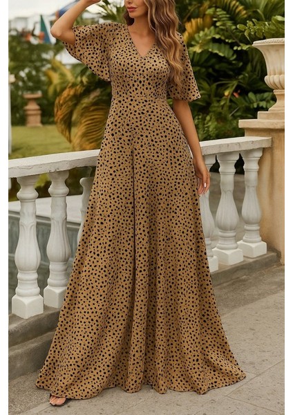 Kadın Kısa Kollu V Yakalı Desenli Süprem Elbise