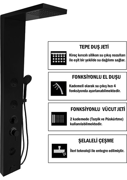 Venüs Siyah Premium Masajlı Duş Paneli - Dikey Jakuzi - Robot Duş - El Duşu - Lüx Duş modelleri