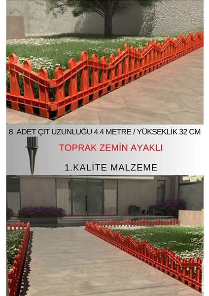 Dekoratif Plastik Bahçe ve Peyzaj Çiti 8 Adet Çit (Y: 32 cm / G: 4.4 M) Toprak Ayaklı - Kahverengi