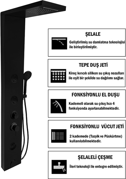 Venüs Siyah Premium Şelaleli Masajlı Duş Paneli - Dikey Jakuzi - Robot Duş - El Duşu fiyatları