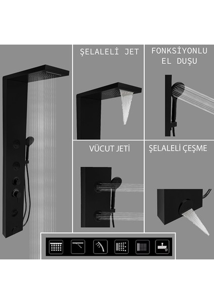 Venüs Siyah Premium Şelaleli Masajlı Duş Paneli - Dikey Jakuzi - Robot Duş - El Duşu modelleri
