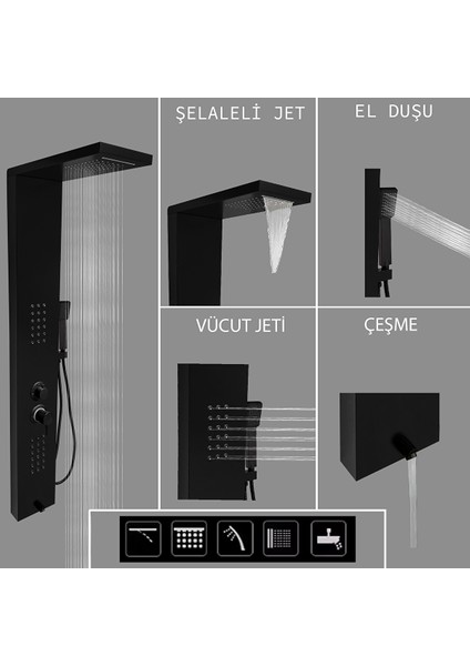Victoria Siyah Premium Şelaleli Masajlı Duş Paneli - Dikey Jakuzi - Robot Duş - El Duşu modelleri