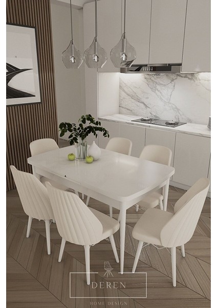 Alfa Serisi, 80X132 Açılabilir Mdf Yemek Masası Takımı 6 Adet Krem Sandalye