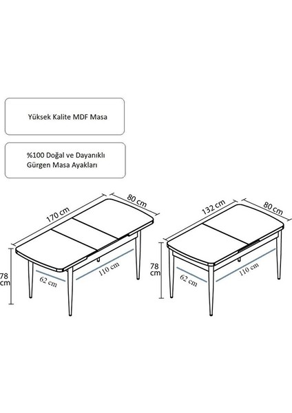 Alfa Serisi, 80X132 Açılabilir Mdf Yemek Masası Takımı 6 Adet Krem Sandalye