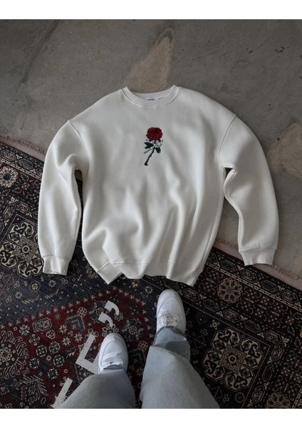 Unisex Bisiklet Yaka Ön ve Arka Baskılı Sweatshirt - Beyaz