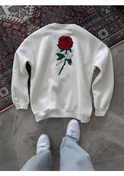 Unisex Bisiklet Yaka Ön ve Arka Baskılı Sweatshirt - Beyaz fiyatları