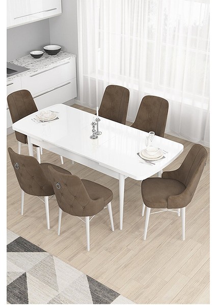Taç Serisi, Beyaz Mutfak Masa Takımı 80X132 Açılabilir, 6 Sandalye Gümüş Halkalı Kahverengi