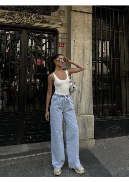 Arkadan Yırtmaçlı Jeans Kot Palazzo Pantolon - Mavi modelleri