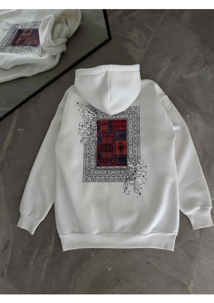 Uzun Kol Kapşonlu Ön ve Arka Baskılı Sweatshirt - Beyaz fırsatları