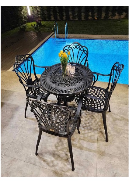 Ferforje Görünümlü Plastik Yuvarlak Istanbul Masa Sandalye Takımı 1 Masa 4 Sandalye Balkon, Bahçe Mobilyası Beyaz modelleri