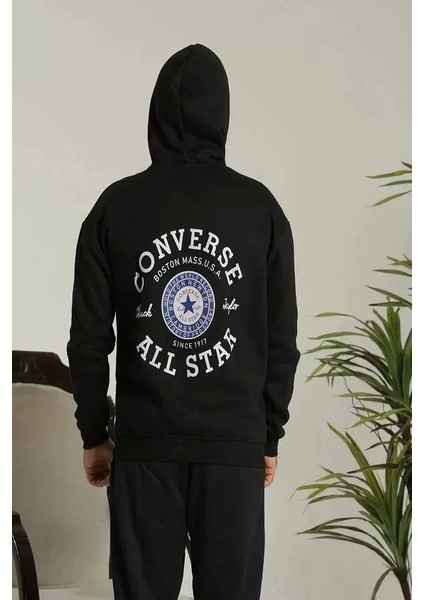 Unisex Kapüşonlu Üç Iplik Oversize Baskılı Sweatshirt - Siyah