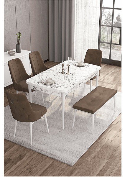 Taç Serisi, 80X132 Açılabilir Beyaz Mermer Desen Masa Takımı, 4 Sandalye Gümüş Halkalı ve 1 Bench Kahverengi