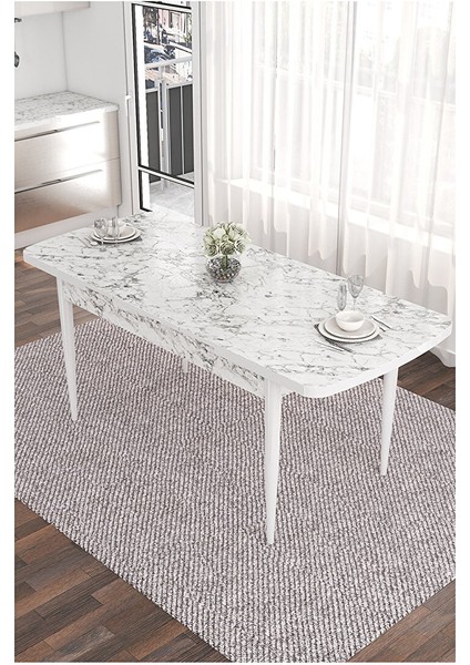 Taç Serisi, 80X132 Açılabilir Beyaz Mermer Desen Masa Takımı, 4 Sandalye Gümüş Halkalı ve 1 Bench Kahverengi modelleri