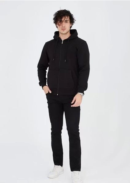 Unisex Tam Fermuarlı Kapşonlu Sweatshirt - Siyah modelleri