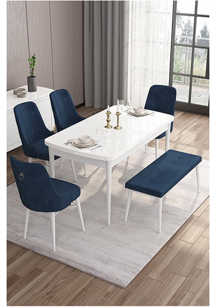 Taç Serisi, Beyaz Mutfak Masa Takımı 80X132 Açılabilir, 4 Sandalye Gümüş Halkalı 1 Bench Lacivert
