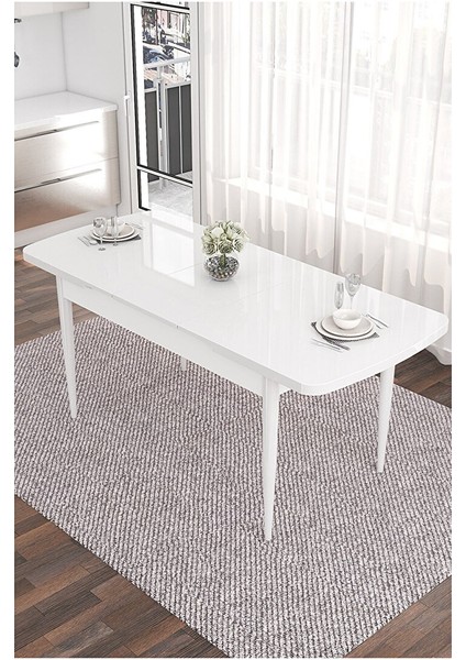 Taç Serisi, Beyaz Mutfak Masa Takımı 80X132 Açılabilir, 4 Sandalye Gümüş Halkalı 1 Bench Lacivert modelleri