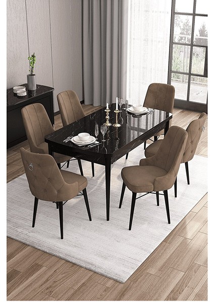 Are Serisi, 80X132 Mdf Açılabilir Siyah Mermer Desen Masa Takımı, 6 Sandalye Gümüş Halkalı Kahverengi