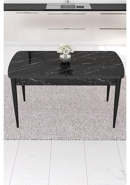 Are Serisi, 80X132 Mdf Açılabilir Siyah Mermer Desen Masa Takımı, 6 Sandalye Gümüş Halkalı Kahverengi modelleri