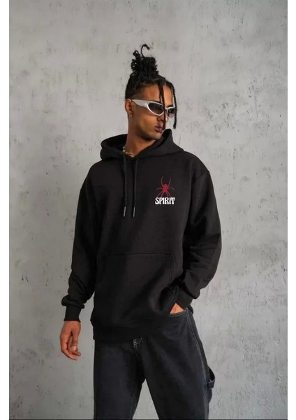 Unisex Kapşonlu Baskılı Sweetshirt - Siyah