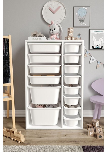 %100 Mdf - Large Duo 14 Sepetli Oyuncak Dolabı (LARGEDUO146SEPET-2B-4O-8K-BEYAZ)