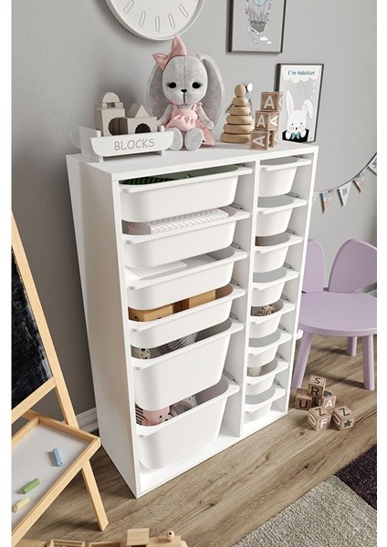 %100 Mdf - Large Duo 14 Sepetli Oyuncak Dolabı (LARGEDUO146SEPET-2B-4O-8K-BEYAZ) modelleri