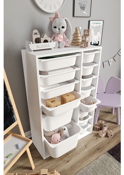 %100 Mdf - Large Duo 14 Sepetli Oyuncak Dolabı (LARGEDUO146SEPET-2B-4O-8K-BEYAZ) fırsatları