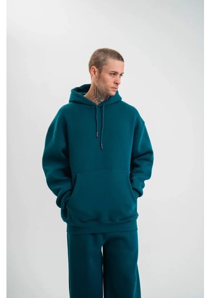 Unisex Double Oversize Kapşonlu Basic Sweatshirt - Koyu Deniz Yeşili