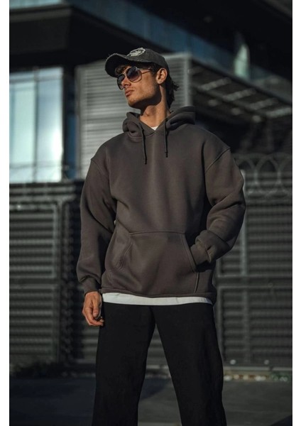 Üç Iplik Penye Kapşonlu Basic Sweatshirt - Antrasit modelleri