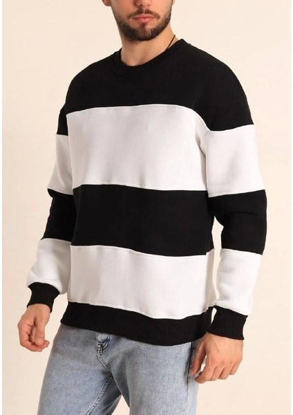 Parçalı Bisiklet Yaka Baskılı Sweatshirt - Siyah