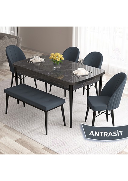 Roz Serisi 80X132 Açılabilir Siyah Mermer Desen Masa Takımı 4 Antrasit Sandalye ve 1 Bench Antrasit