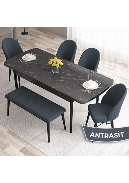 Roz Serisi 80X132 Açılabilir Siyah Mermer Desen Masa Takımı 4 Antrasit Sandalye ve 1 Bench Antrasit fiyatları