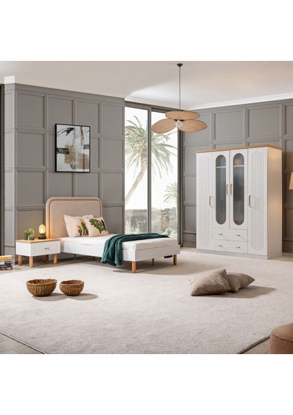 Vita Bohem Genç Odası - 4 Kapaklı Dolap, Karyola, Komodin