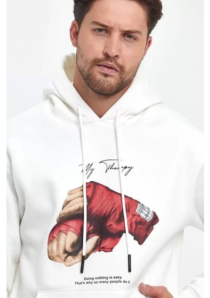 Unisex Kapüşonlu Üç Iplik Oversize Baskılı Sweatshirt - Beyaz