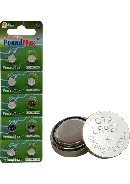 Ag7 (LR57, LR927, 395) 1.5V - Poundmax Alkalin Düğme Piller | 1x 10'lu Paket