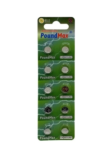 Ag7 (LR57, LR927, 395) 1.5V - Poundmax Alkalin Düğme Piller | 1x 10'lu Paket modelleri