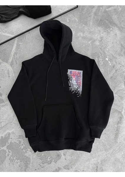 Uzun Kol Kapşonlu Ön ve Arka Baskılı Sweatshirt - Siyah modelleri