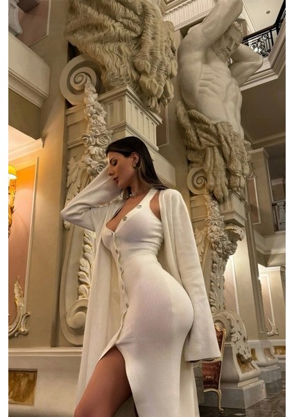 Kadın Kaşkorse Kumaş Düğme Detay Elbise (Hırkasız) modelleri