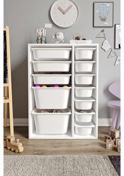 %100 Mdf - Medium Duo 12 Sepetli Oyuncak Dolabı (MEDIUMDUO12SEPET-2B-3O-7K-BEYAZ)